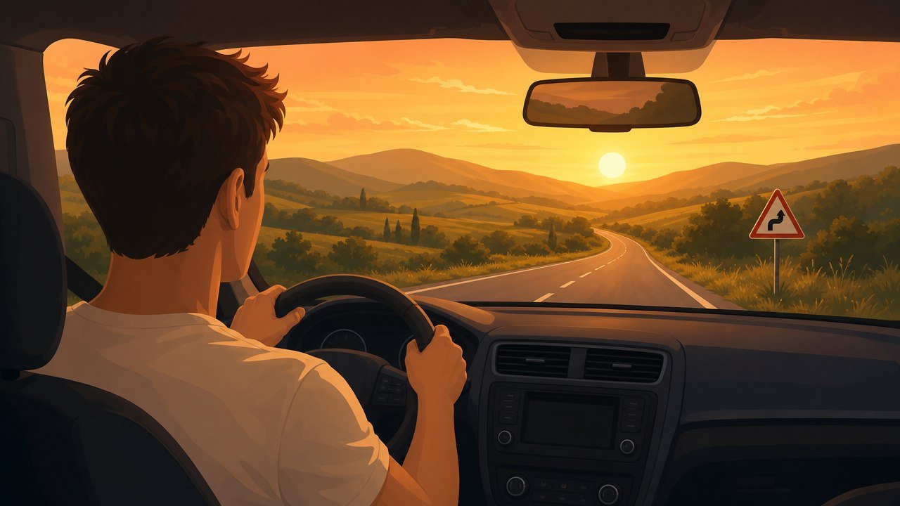 Illustration: Fahrschüler ruhig und konzentriert am Steuer bei Nacht, Blick durch die Windschutzscheibe von außen