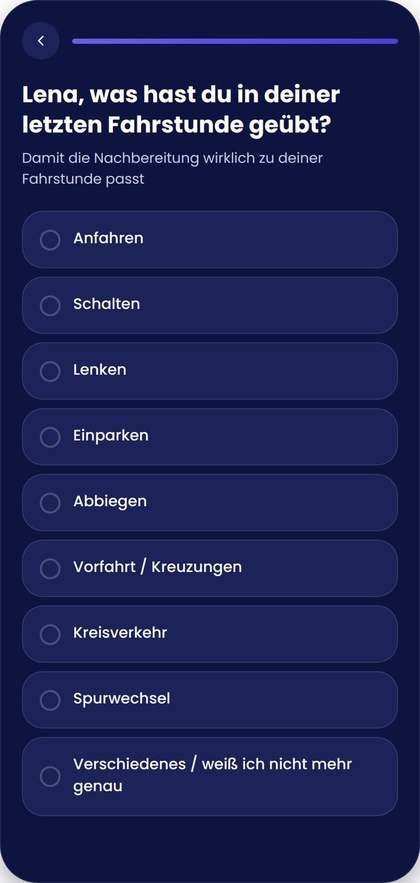 Frage der App: Was hast du in deiner letzten Fahrstunde geübt?