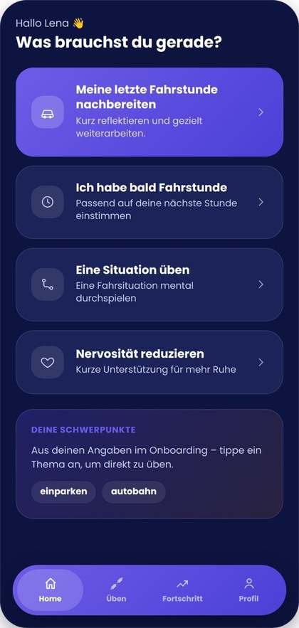 Startbildschirm der App mit vier Auswahlmöglichkeiten
